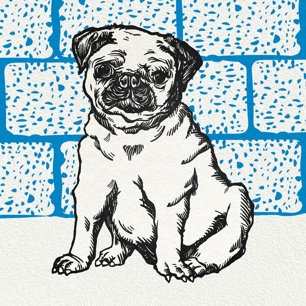 Blue vintage pug illustration,  editable design