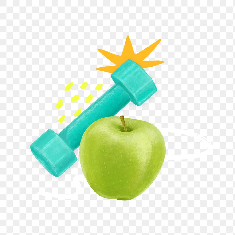 Healthy diet png, dumbbell and apple illustration, editable design