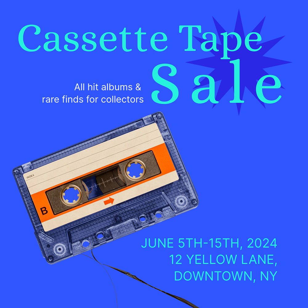 Cassette tape sale Instagram post template, editable text