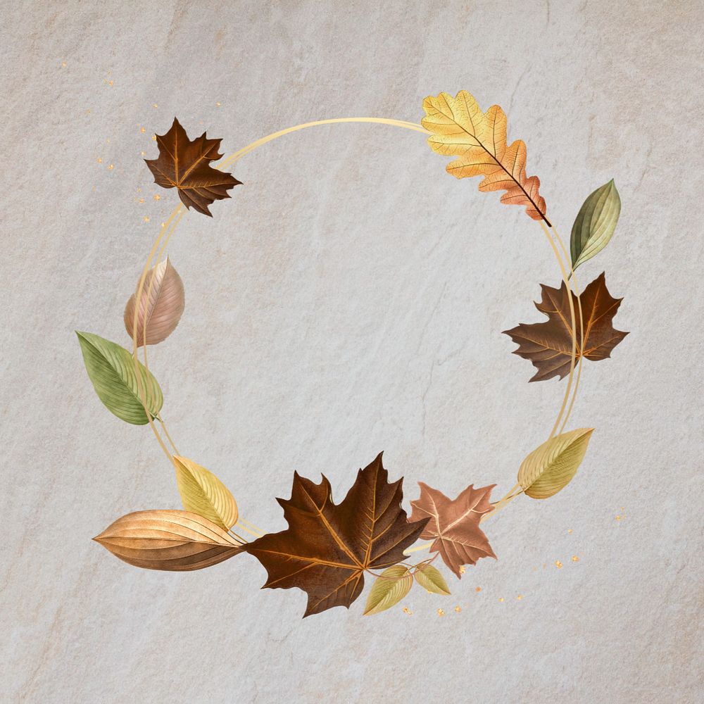 Round gold frame, editable Autumn leaf design