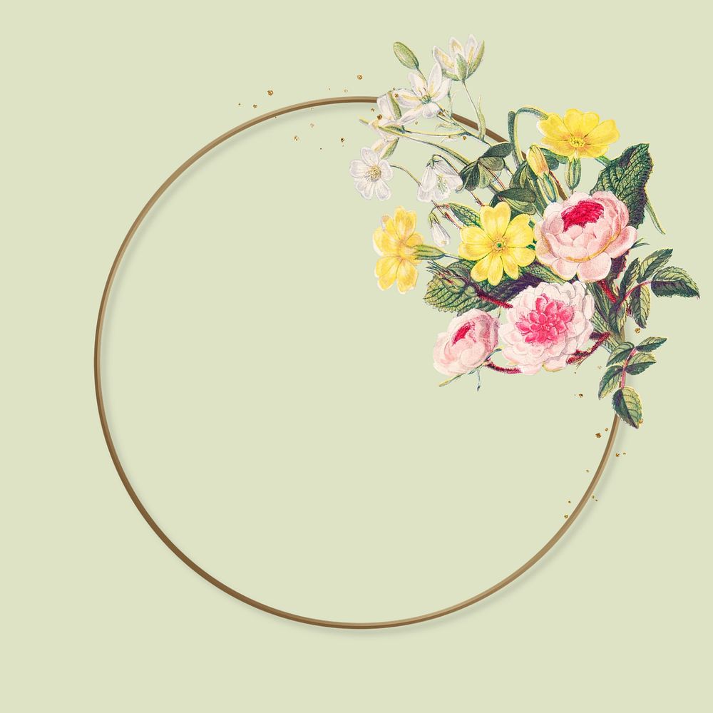 Editable round gold frame, flower collage remix