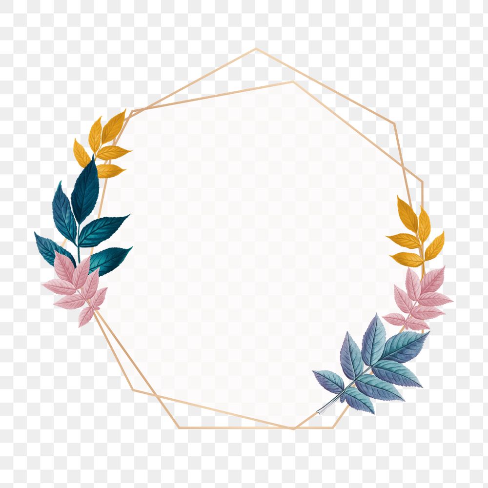 Hexagonal gold frame png element, editable leaf design