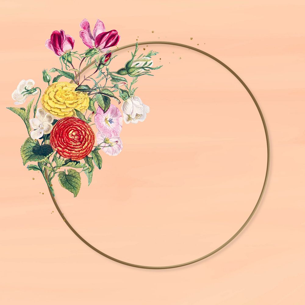 Editable round gold frame, flower collage remix