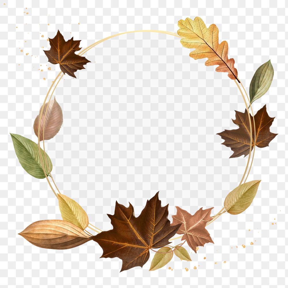 Round gold frame png element, editable Autumn leaf design