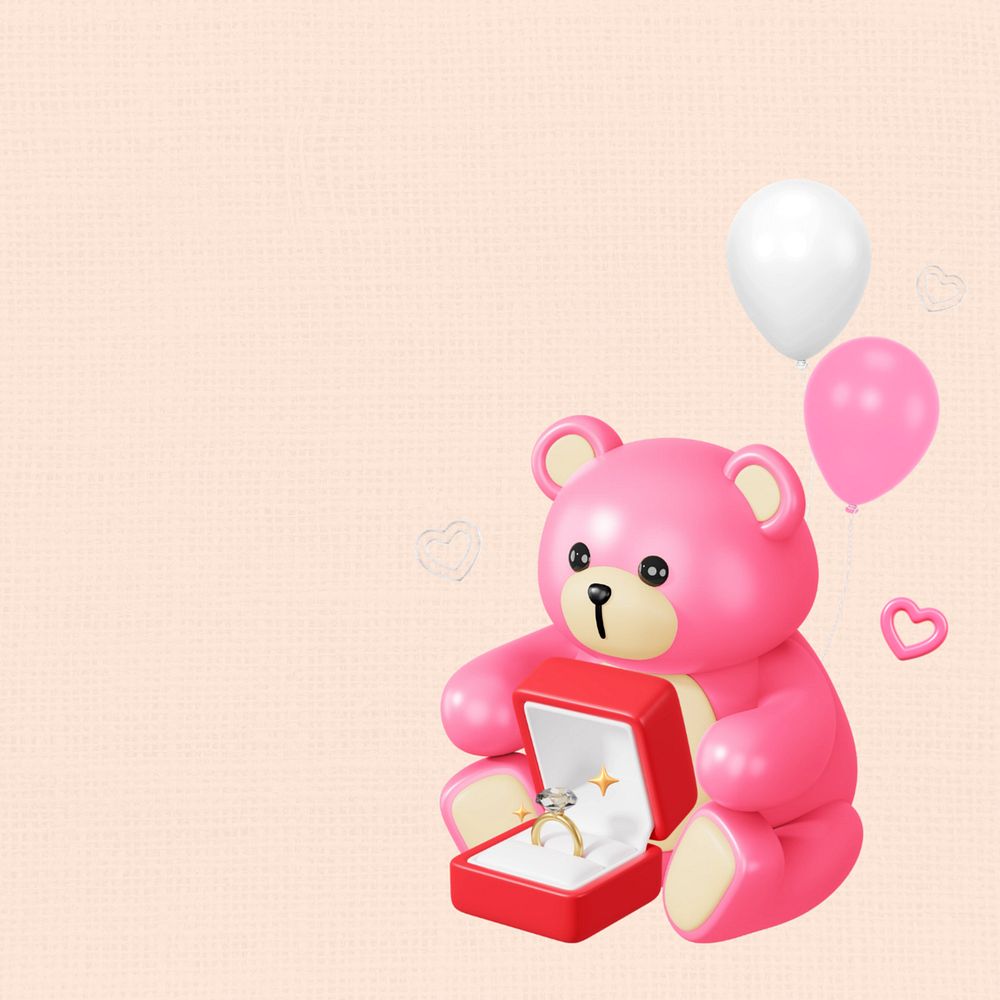 Engagement ring teddy bear, 3D wedding illustration, editable design