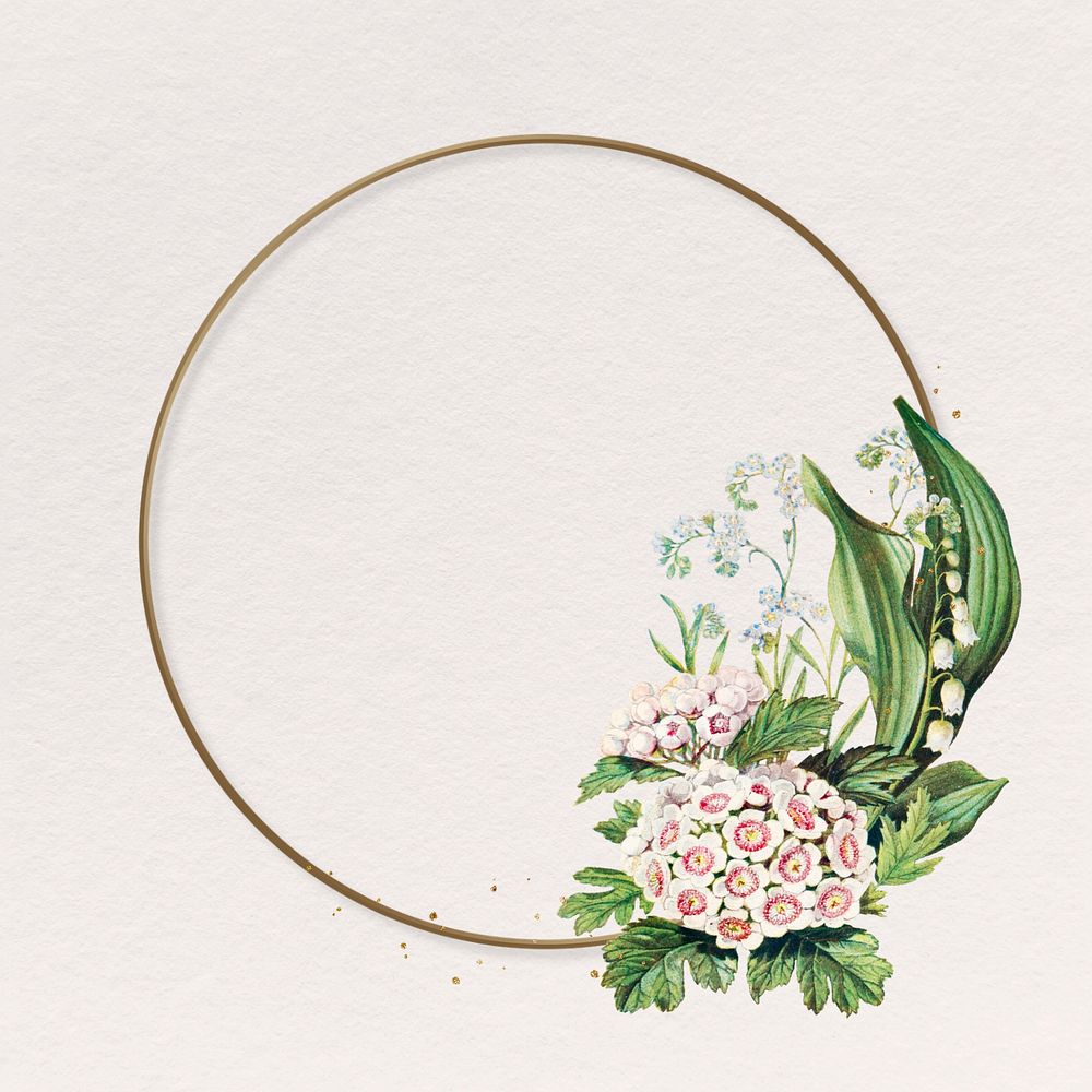 White hawthorn floral frame, editable vintage gold illustration