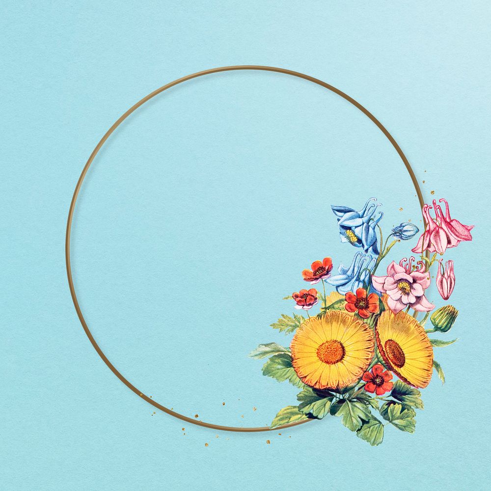 Editable round gold frame, flower collage remix