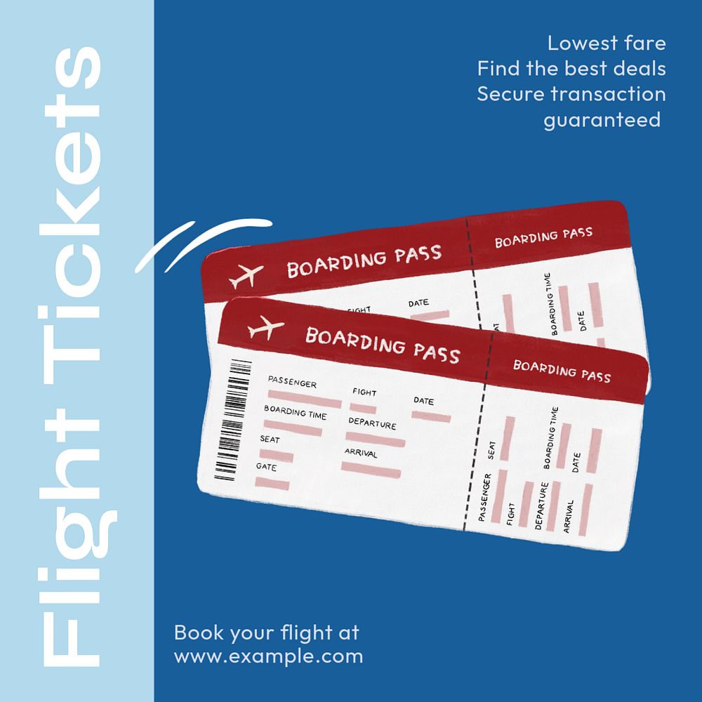 Flight tickets Instagram post template, editable text