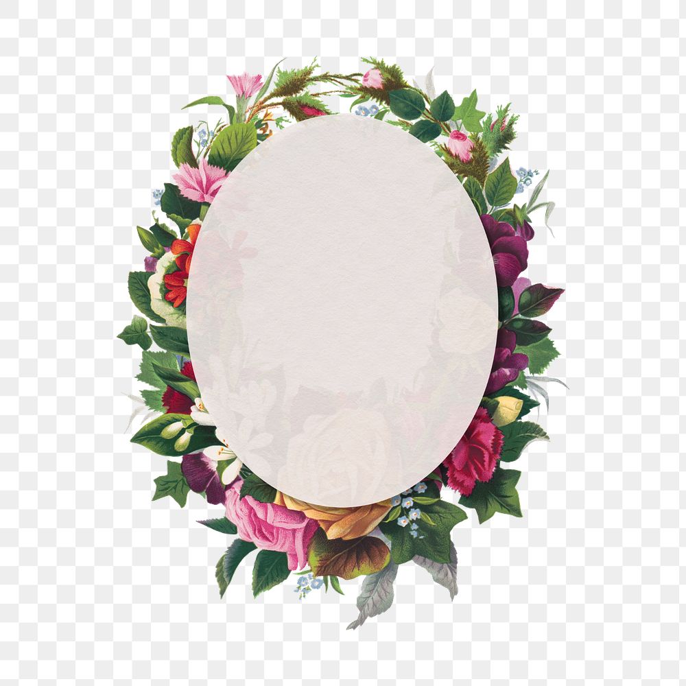 Editable floral frame png element, oval shape