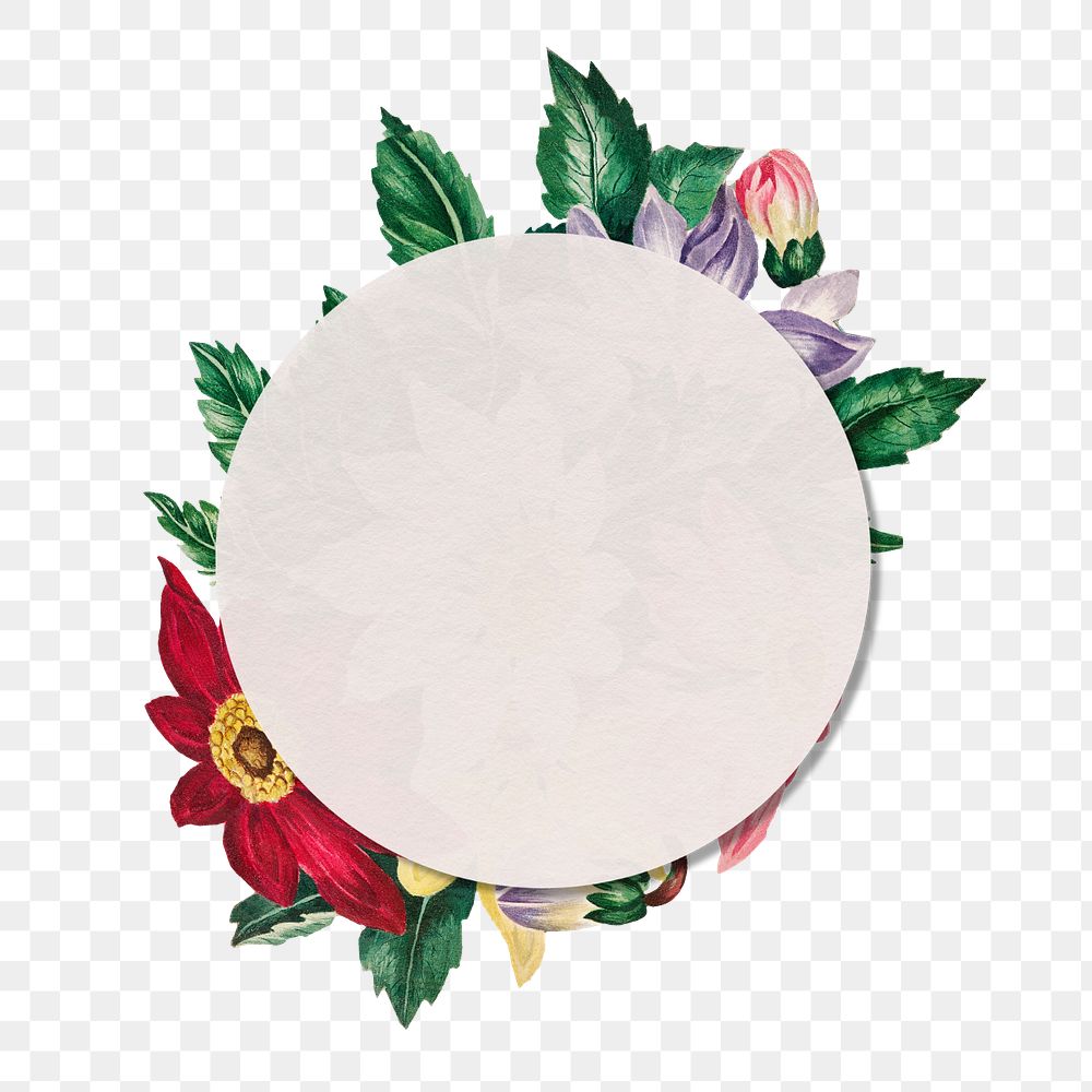 Editable floral frame png element, round shape