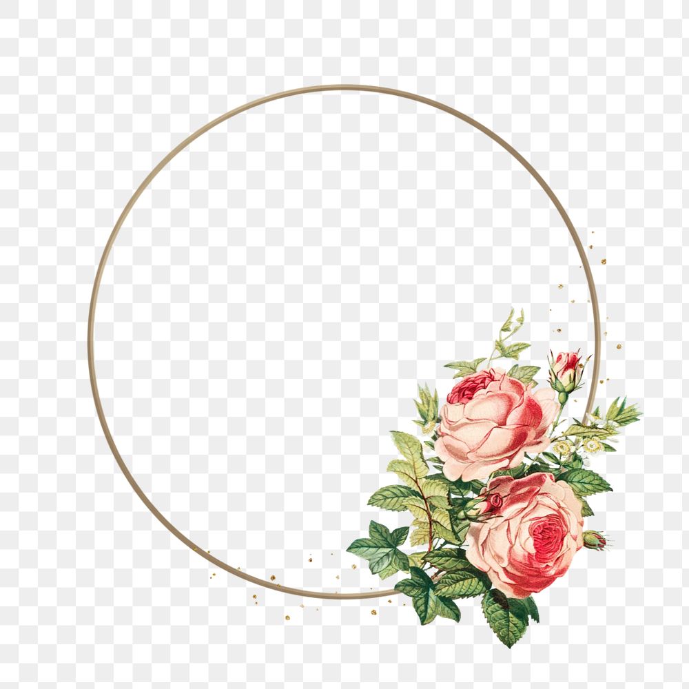 Floral gold frame png element, editable round shape