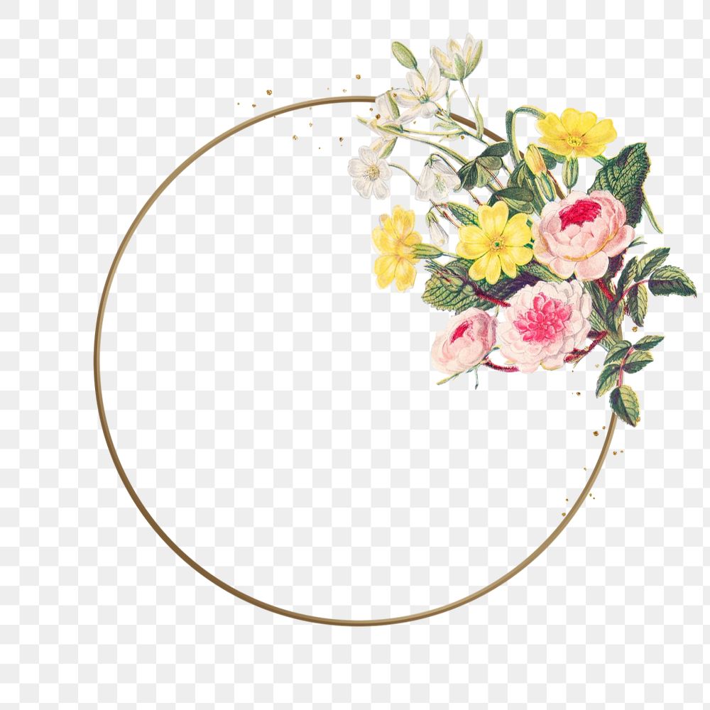 Editable floral gold frame png element, round shape