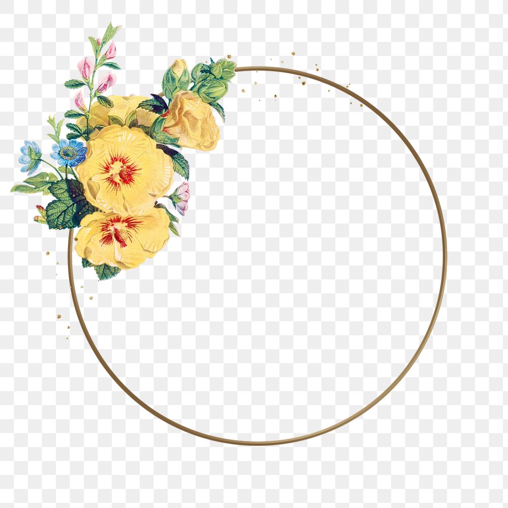 Editable floral gold frame png element, round shape