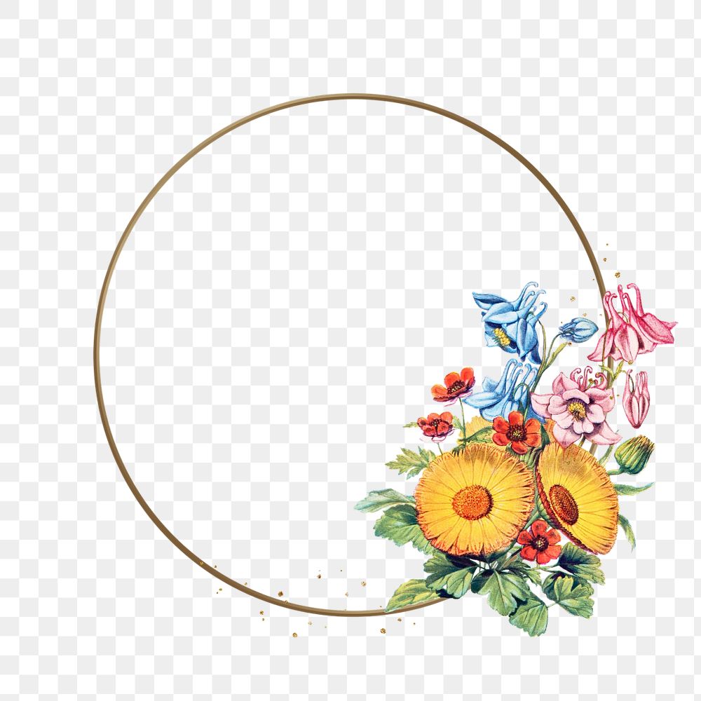 Floral gold frame png element, editable round shape