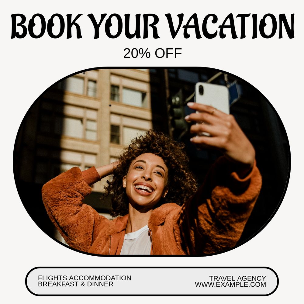 Book your vacation Instagram post template, editable text