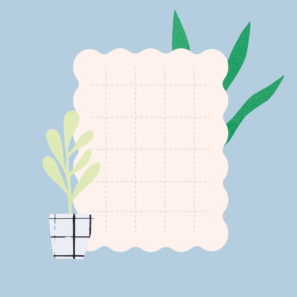 Plant doodles, pastel blue background with grid paper note