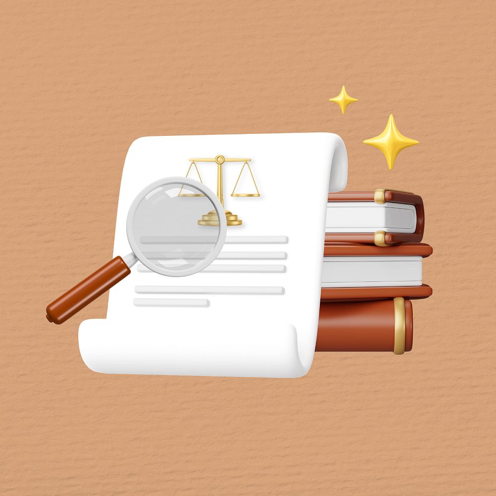 Court subpoena, magnifying glass & parchment, 3D law remix, editable design