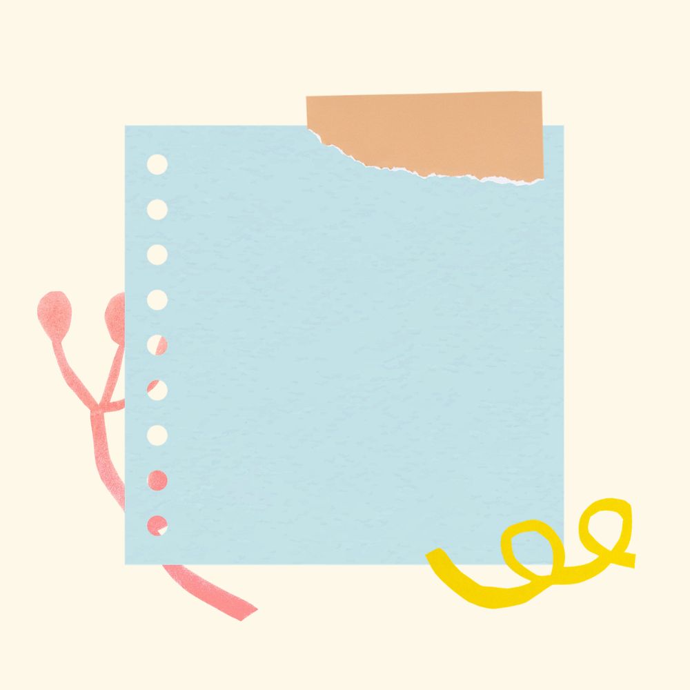 Blue paper note, pastel yellow background with cute doodles