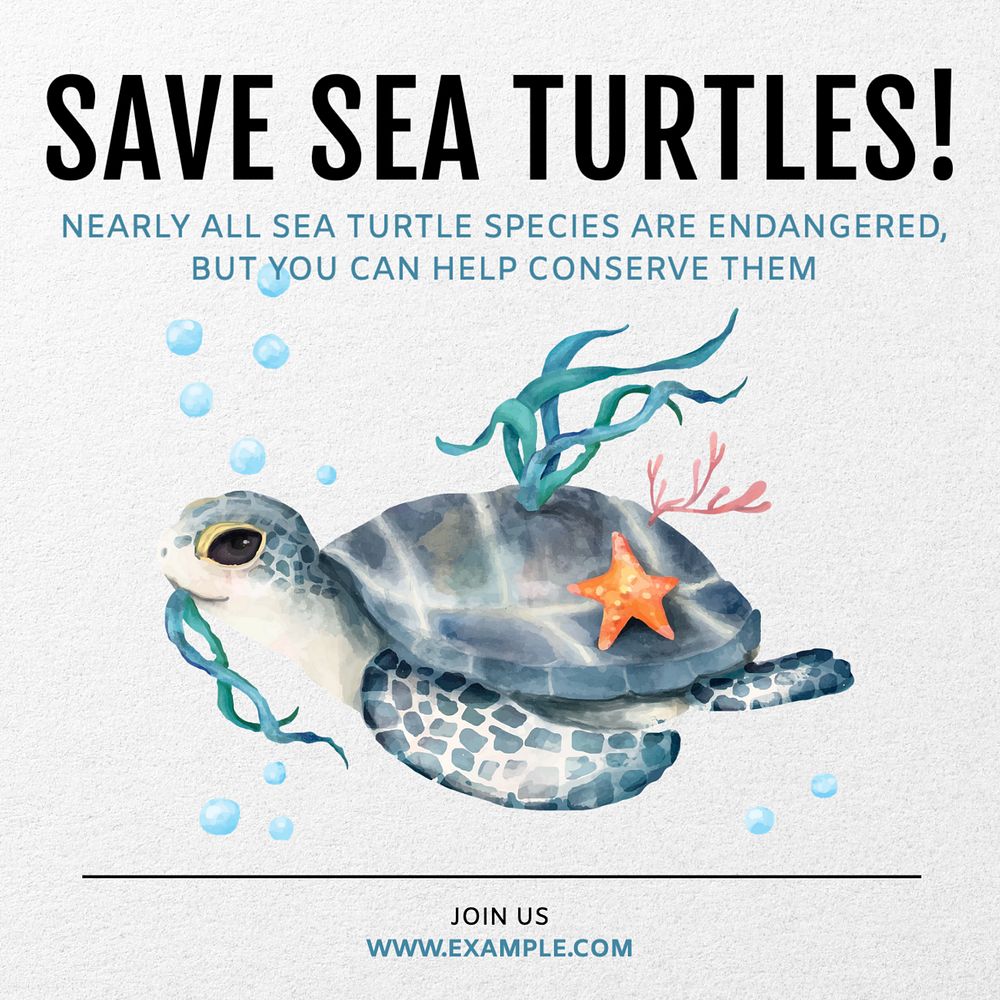 Save sea turtles Instagram post template, editable text