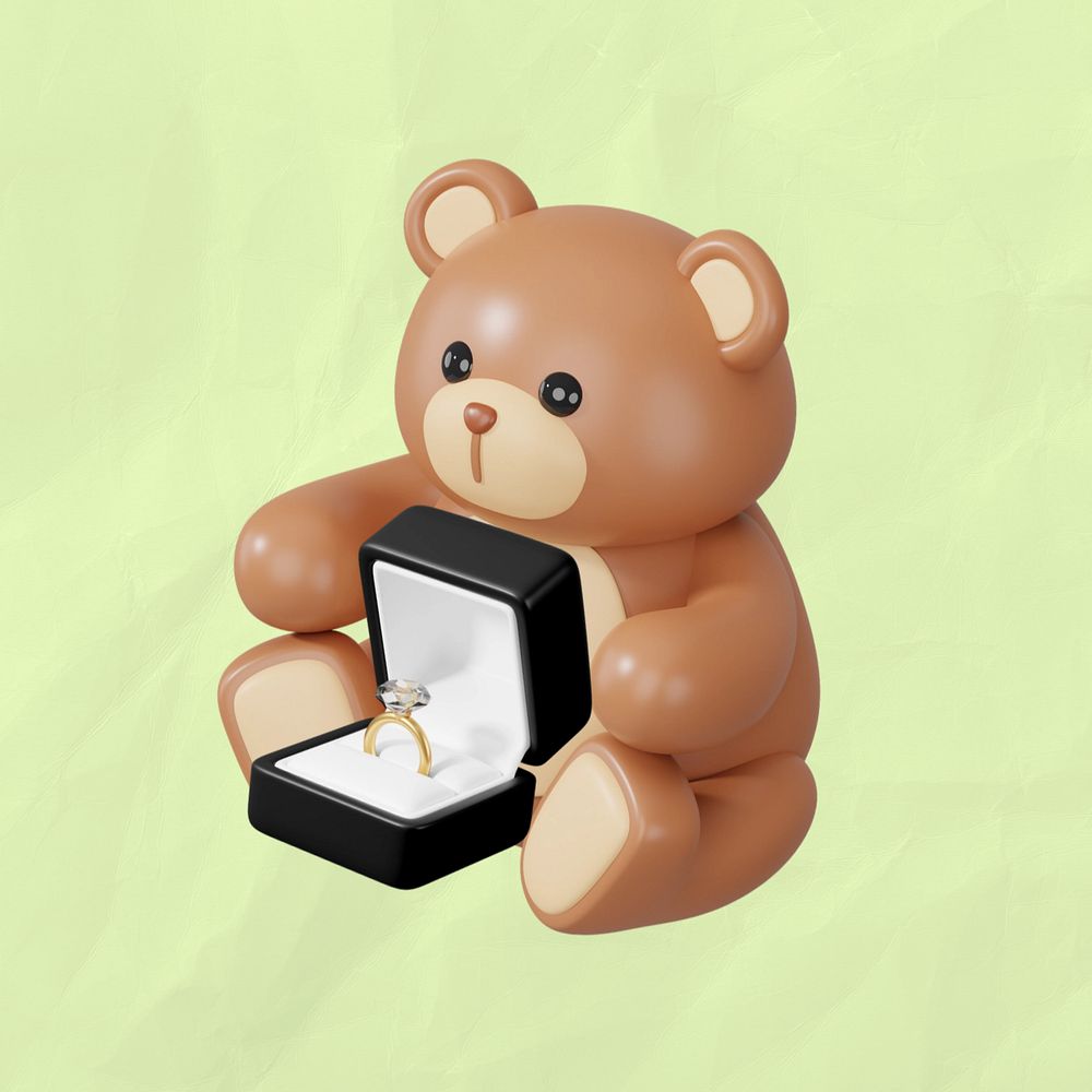 Teddy bear engagement ring, 3D wedding remix, editable design