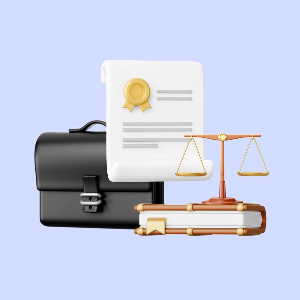 Law firm accreditation, 3D justice scale and document remix, editable design