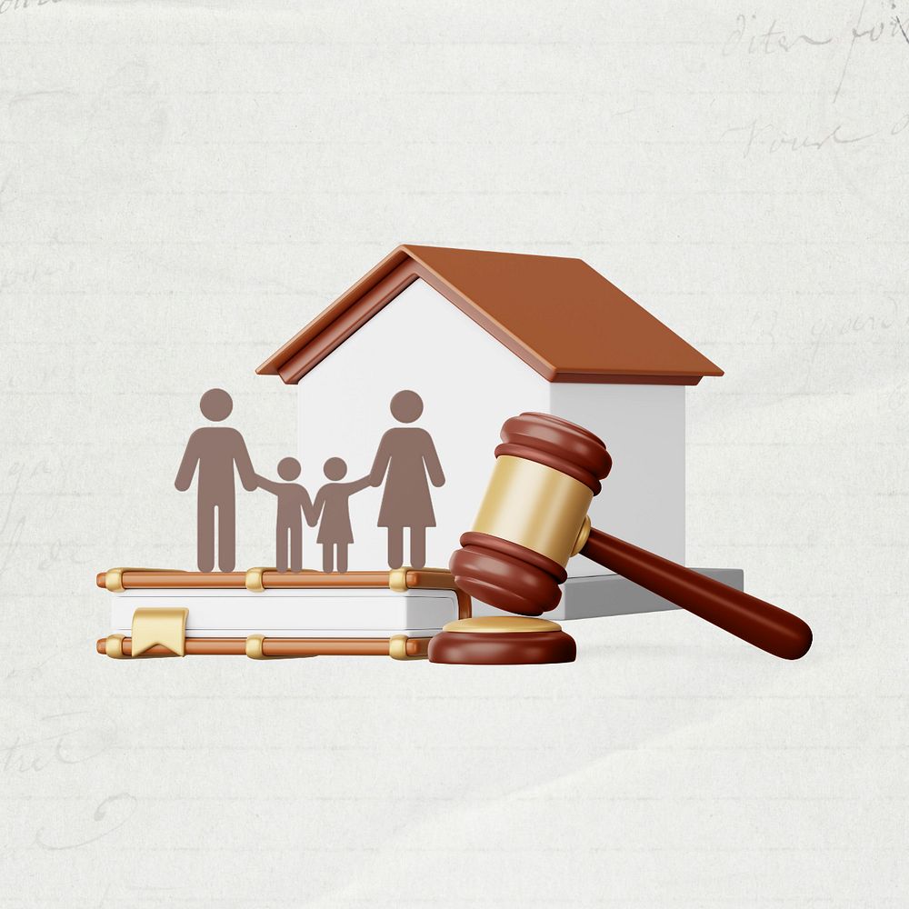 Family lawyer remix, 3D gavel and home illustration, editable design