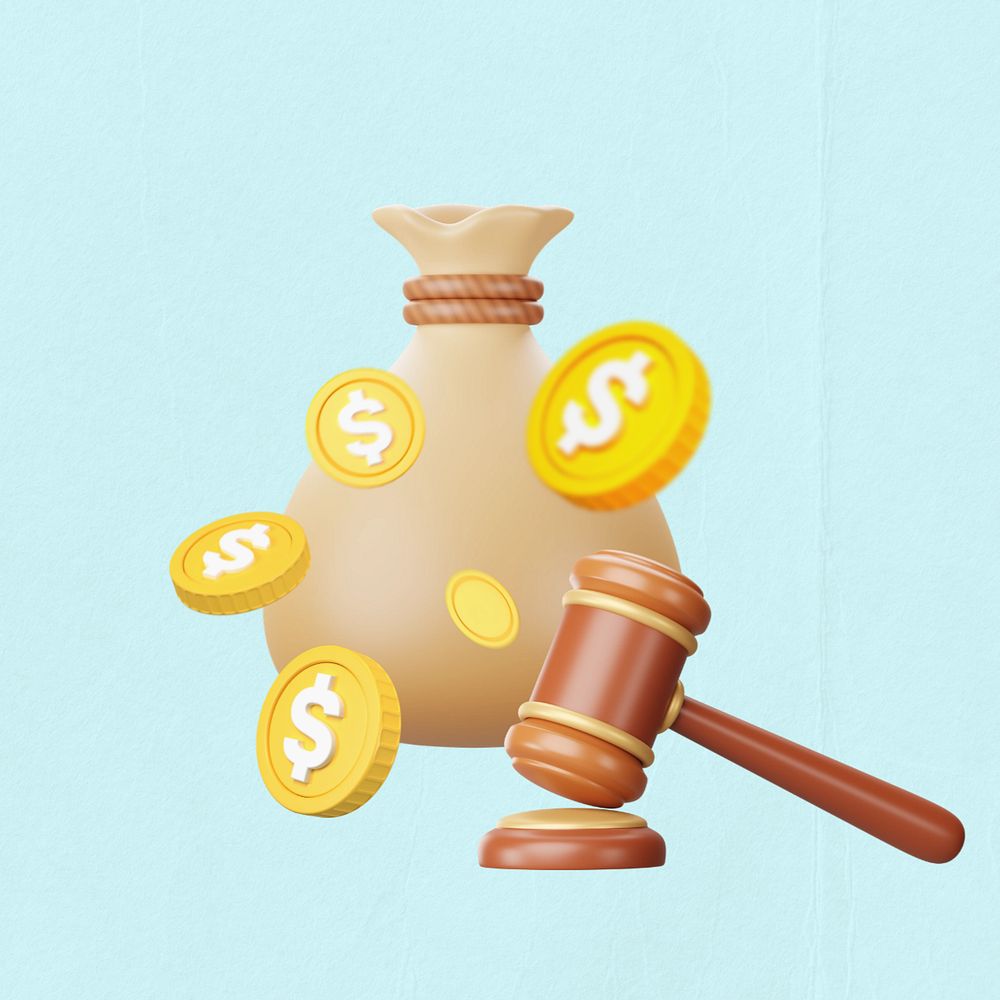 Financial law, 3D gavel & money bag remix, editable design