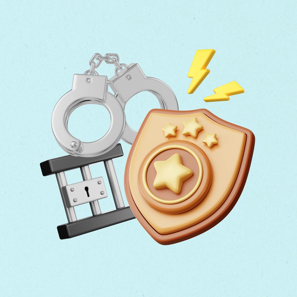 Police star badge, handcuffs & cell, 3D job remix, editable design