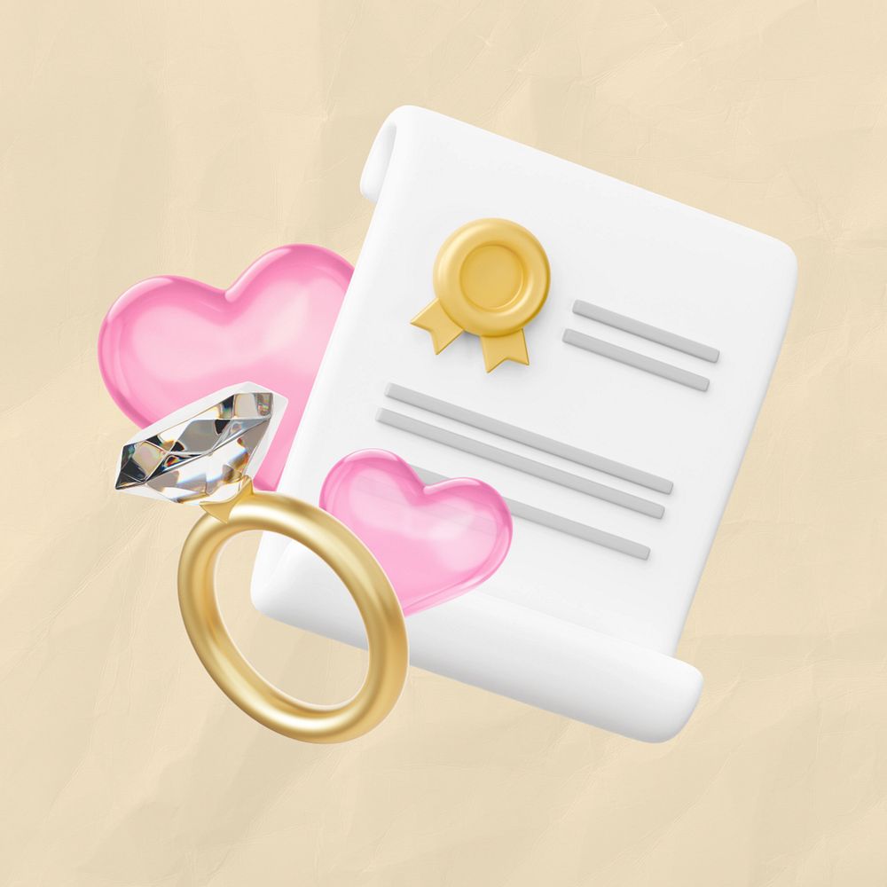 Marriage certificate and diamond ring, 3D wedding remix, editable design