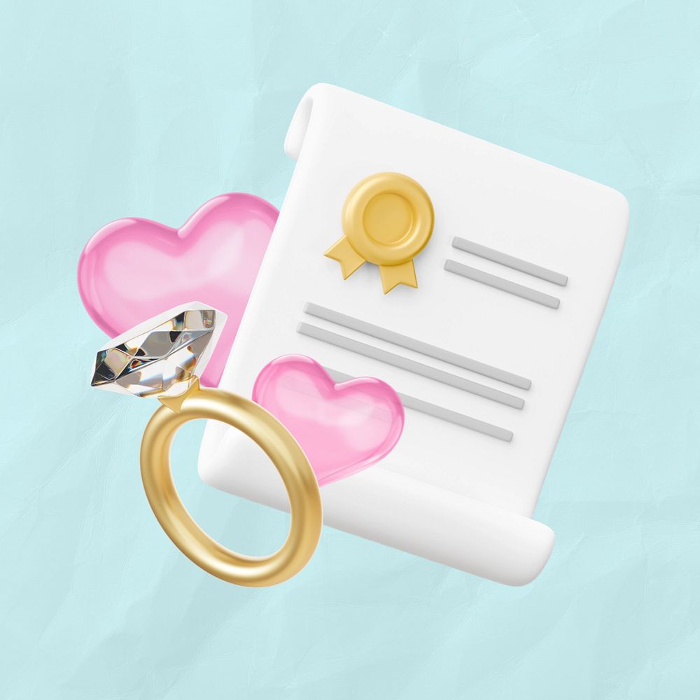 Marriage certificate and diamond ring, 3D wedding remix, editable design