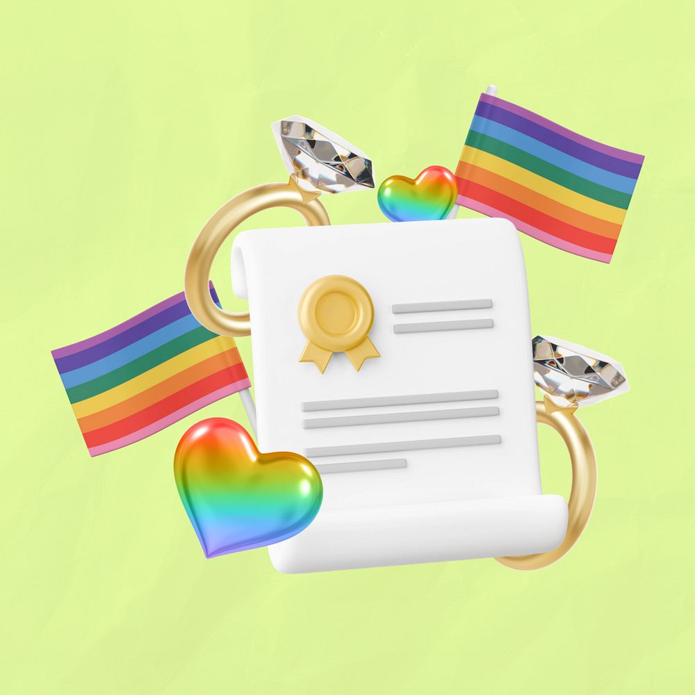 Gay marriage certificate, 3D LGBTQ remix, editable design