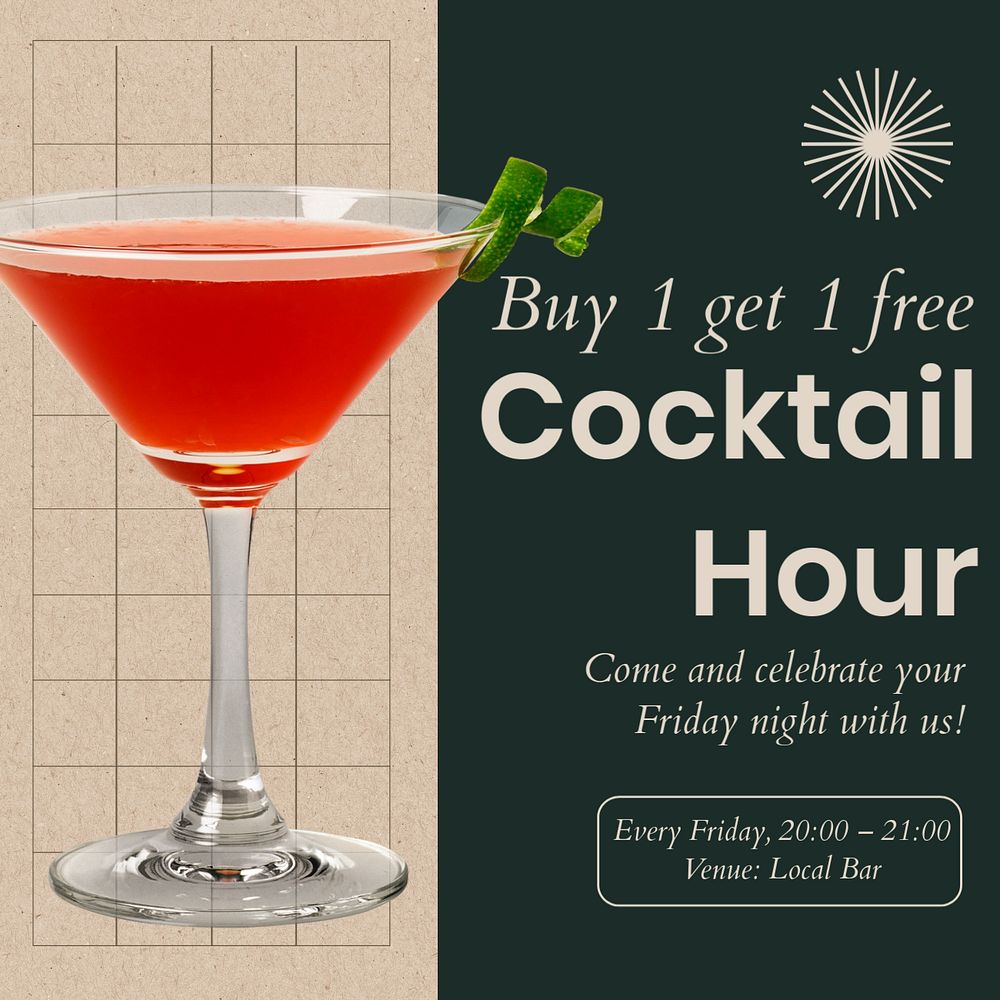 Cocktail hour Instagram post template, editable text