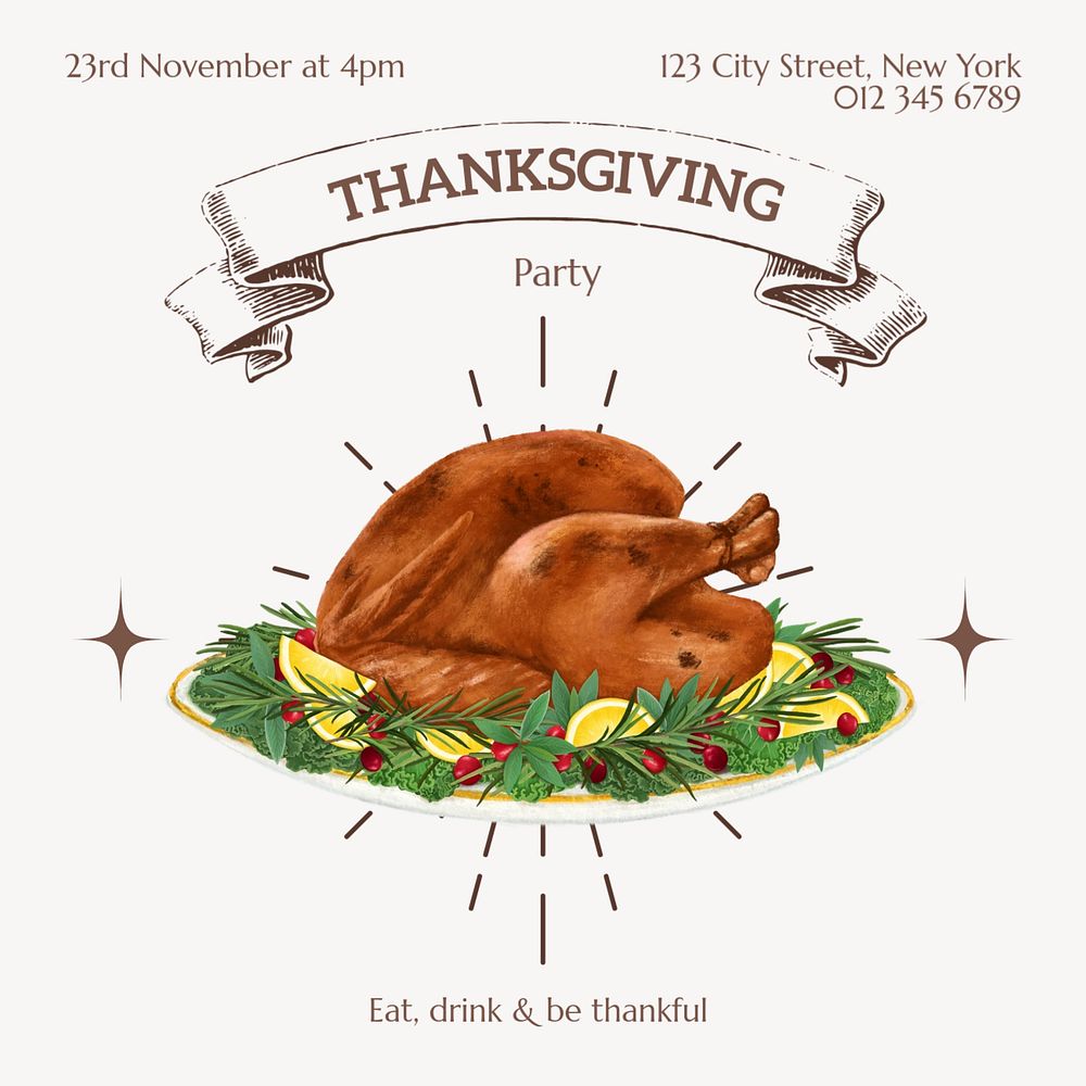 Thanksgiving party Instagram post template, editable text