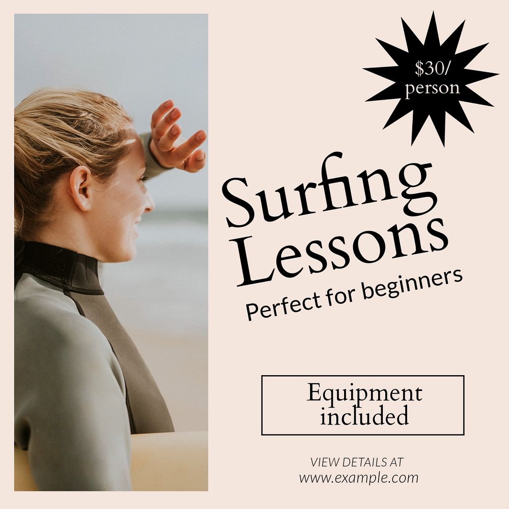 Surfing lessons Instagram post template, editable text