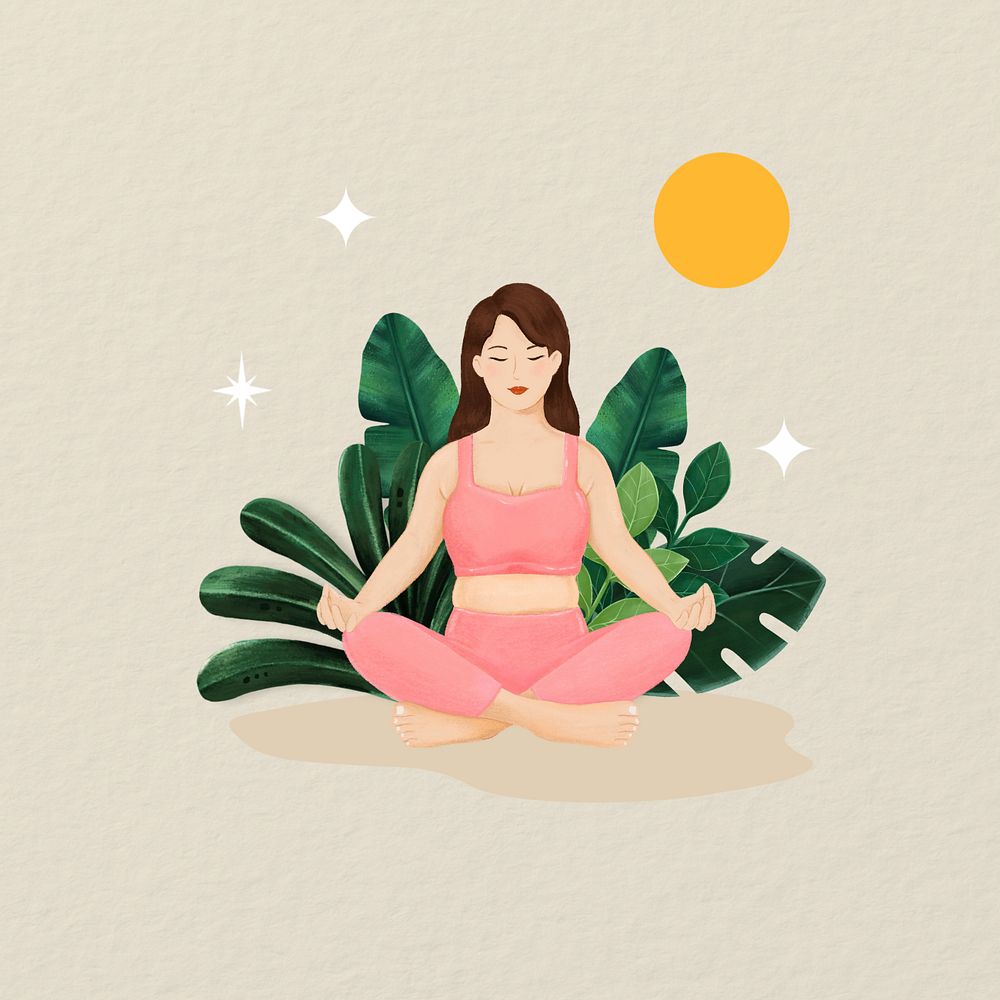 Meditating woman, wellness character illustration, editable design