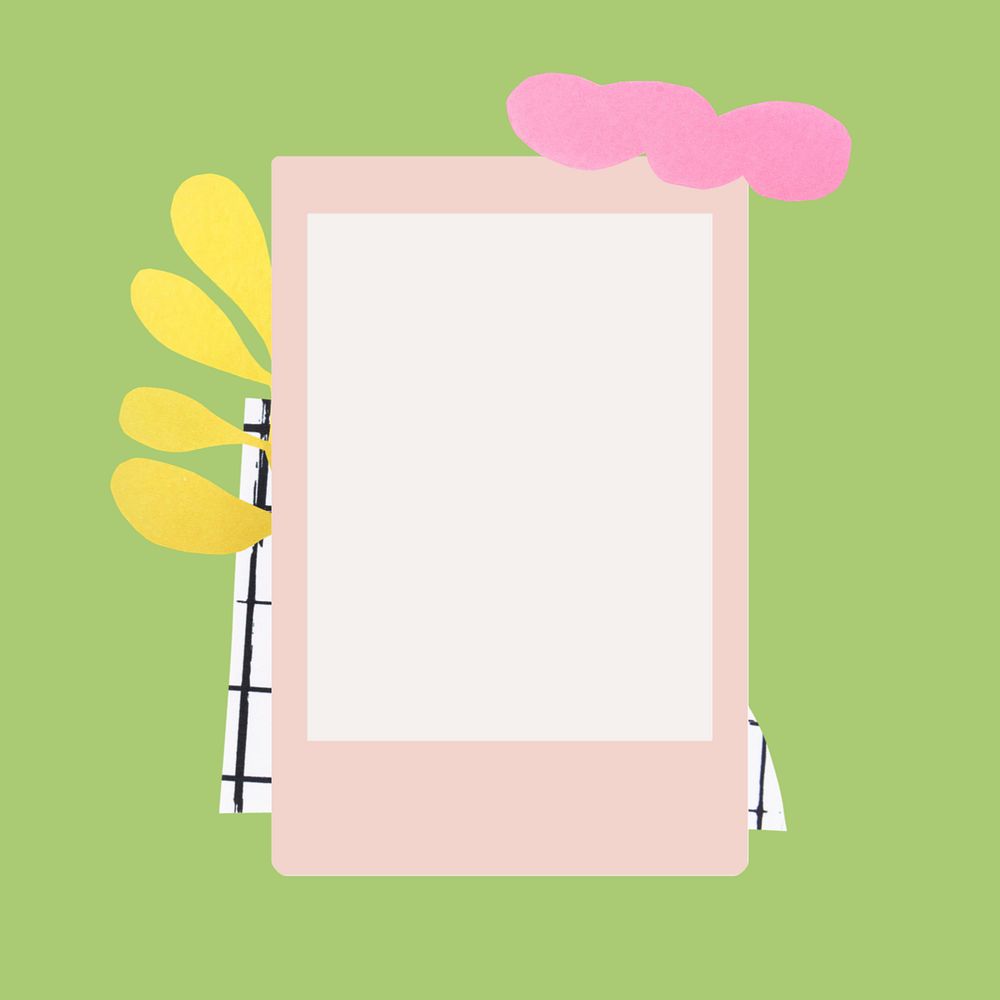 Square elements, pink photo frame on green background