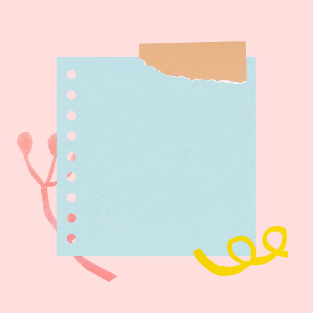 Blue paper note, pastel pink background with cute doodles