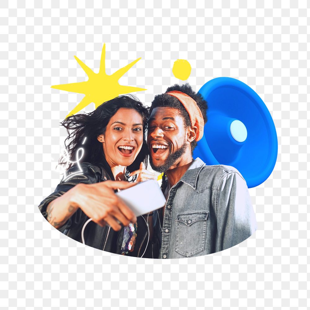 Couple taking selfies png, social media editable collage