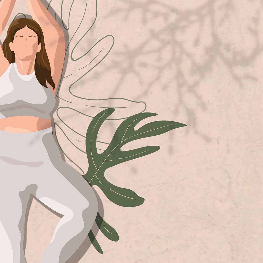 Woman leaf aesthetic yoga beige background, tree pose, editable design