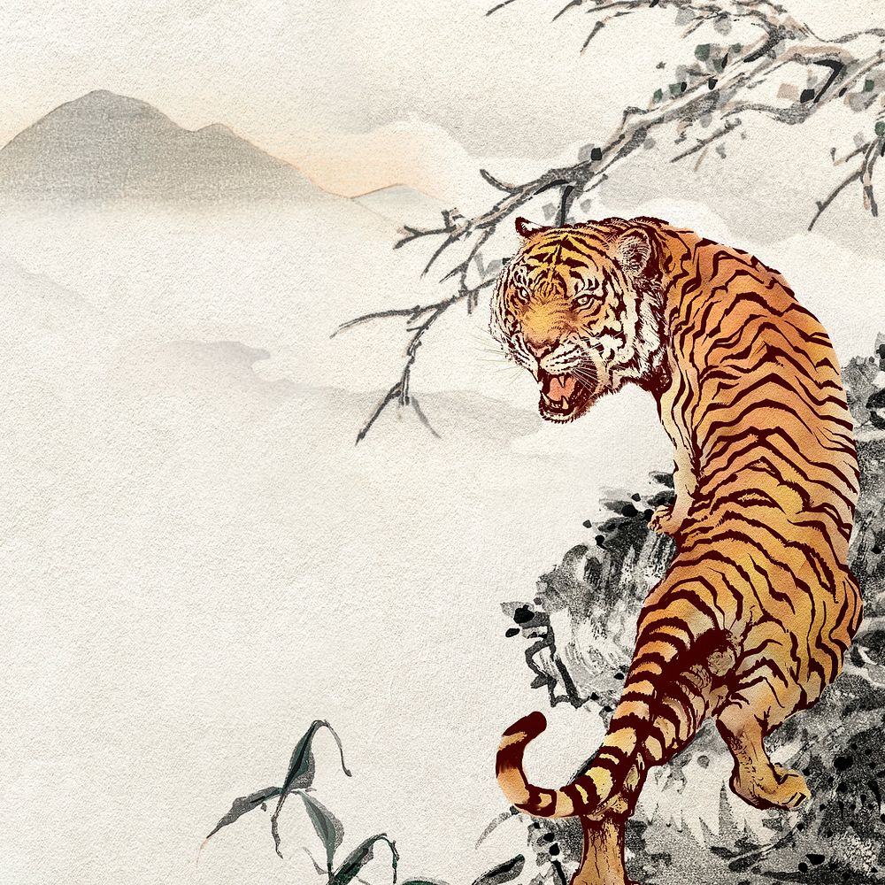 Chinese tiger illustration on mountain landscape, editable design