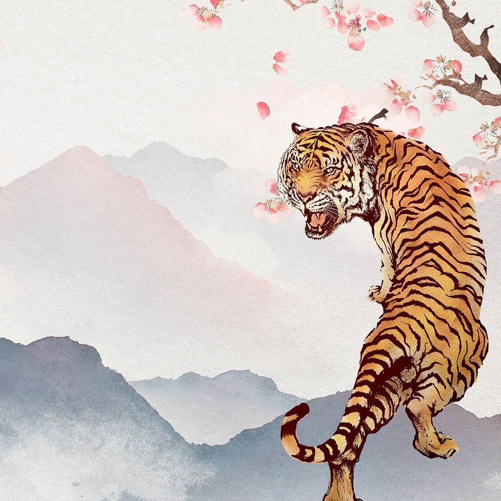 Chinese tiger illustration, spring aesthetic, editable design