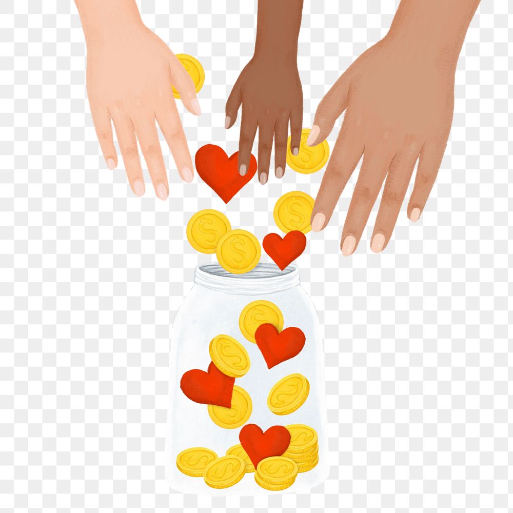 Donation money jar png, diverse hands, charity remix, editable design