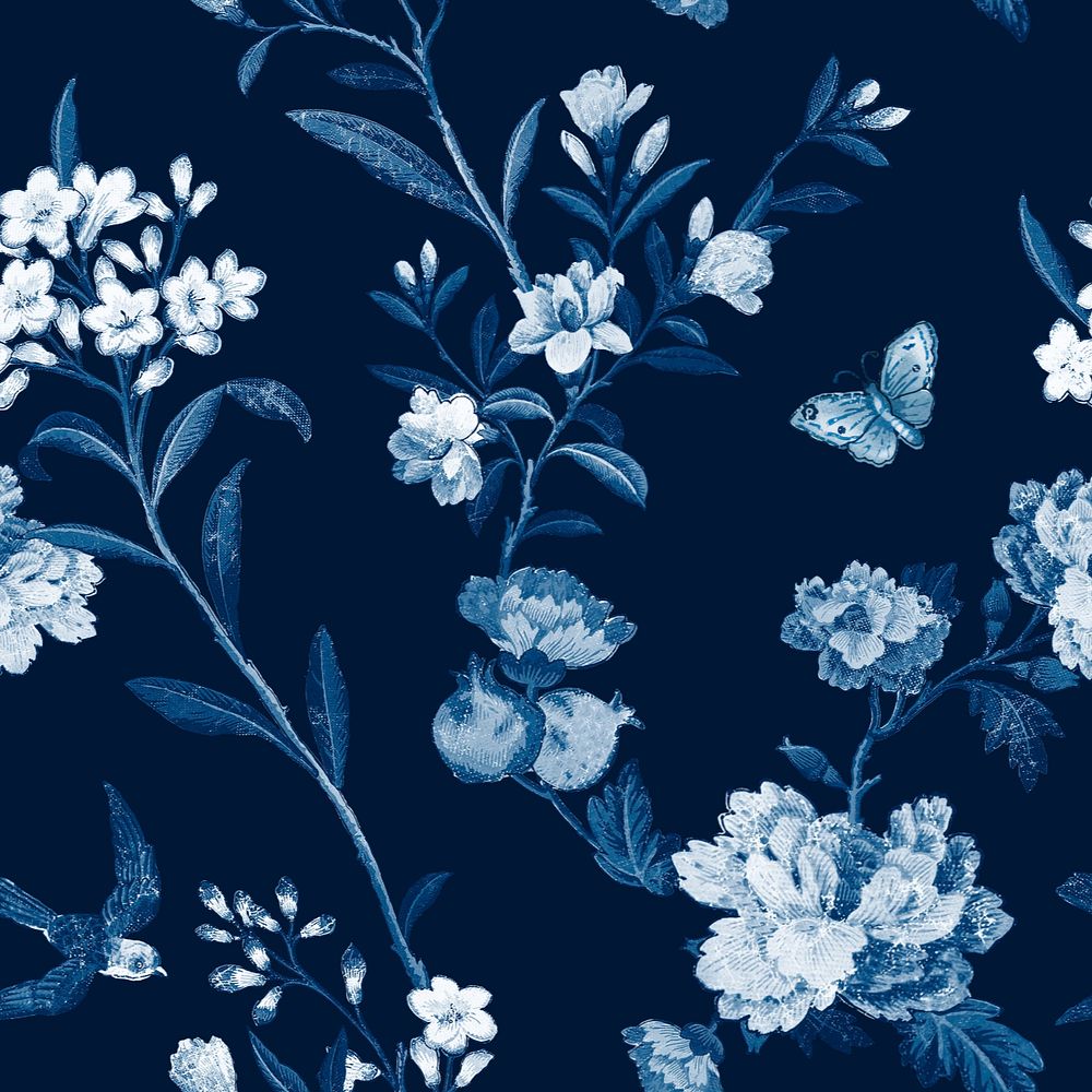 Blossoms floral pattern, blue background