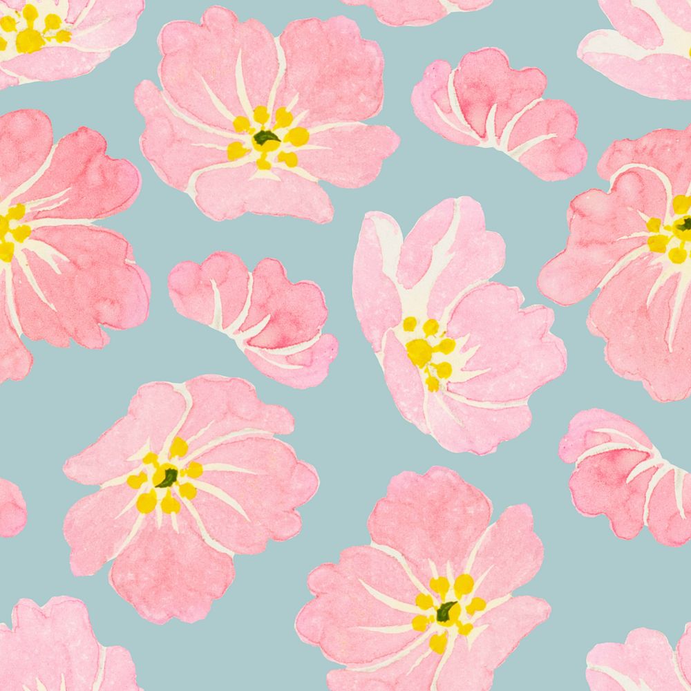 Pink floral pattern desktop wallpaper, blue background