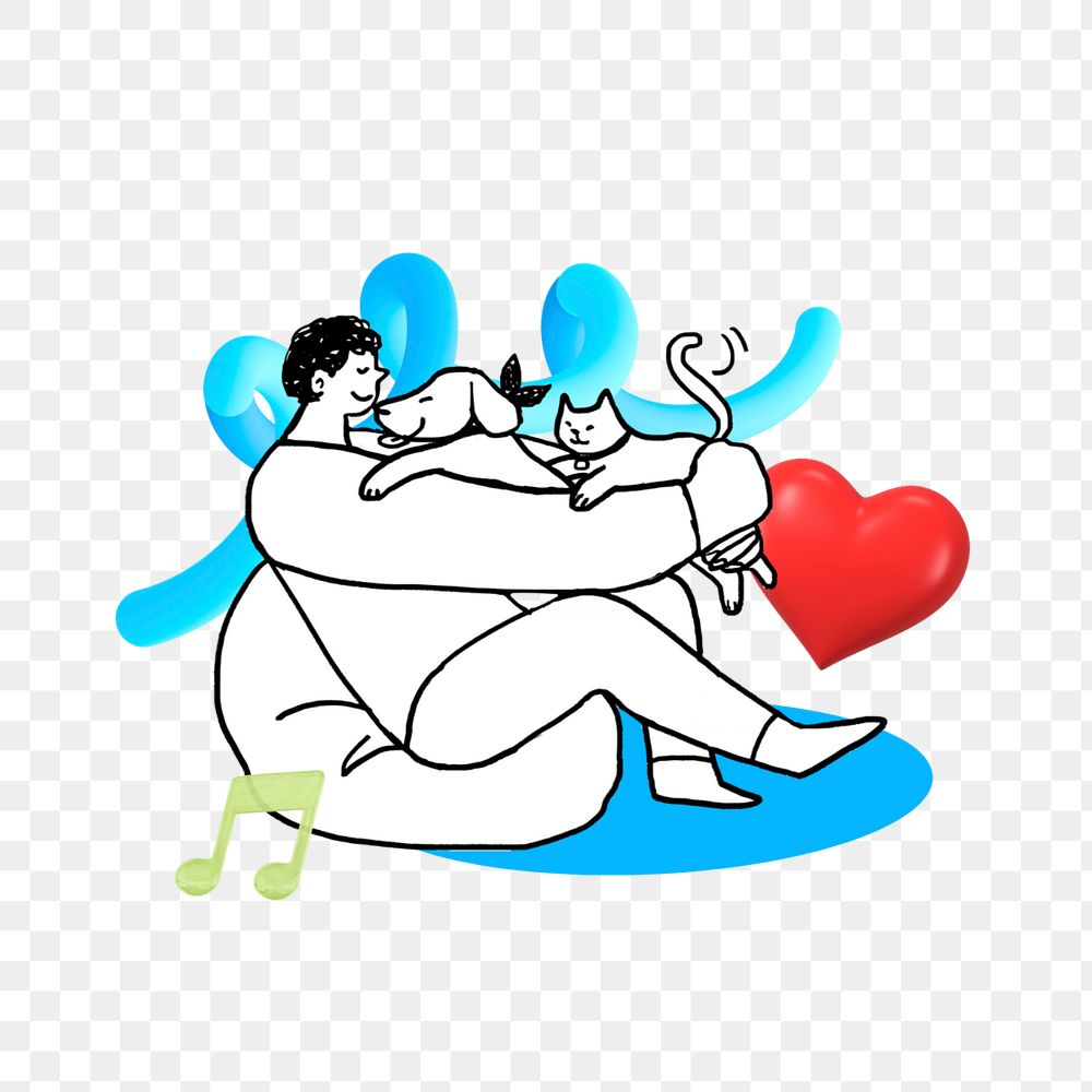 Doodle man with pets png, transparent background