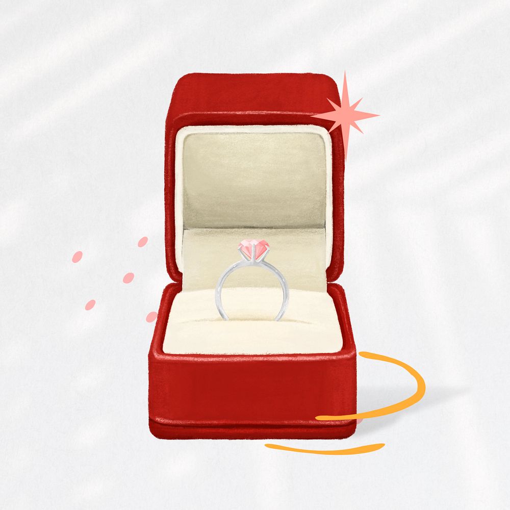 Wedding diamond ring, red velvet box illustration, editable design