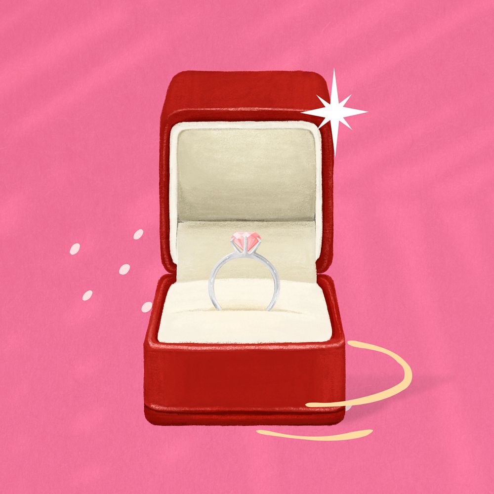 Wedding diamond ring, red velvet box illustration, editable design