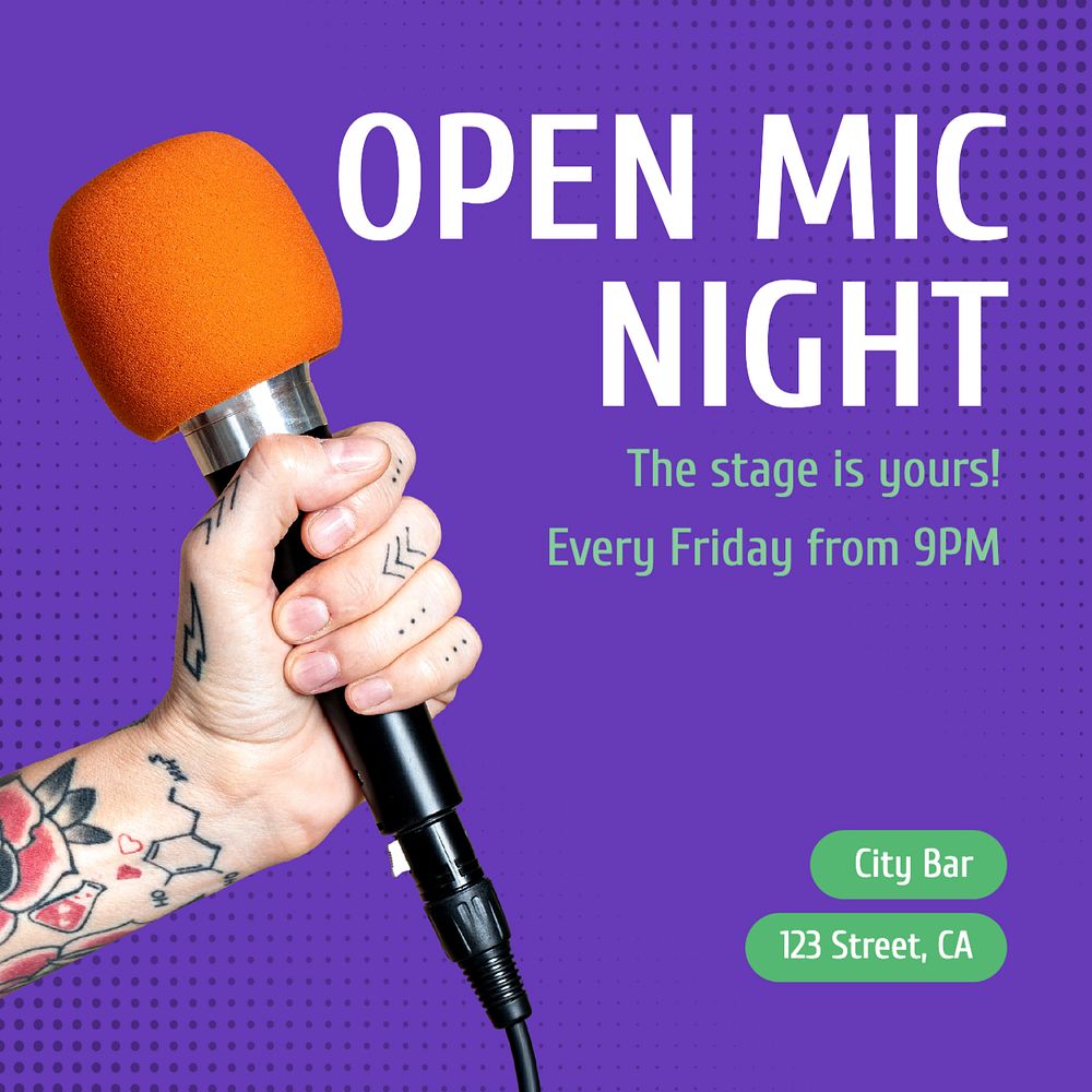 Open mic night Instagram post template, editable text