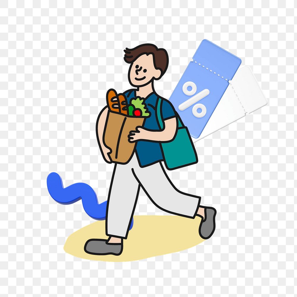 Doodle man grocery shopping png, transparent background