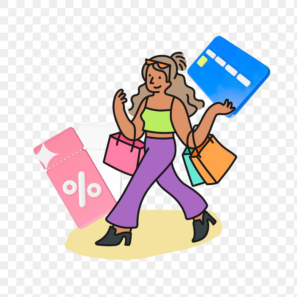 Doodle woman shopping discount png, transparent background